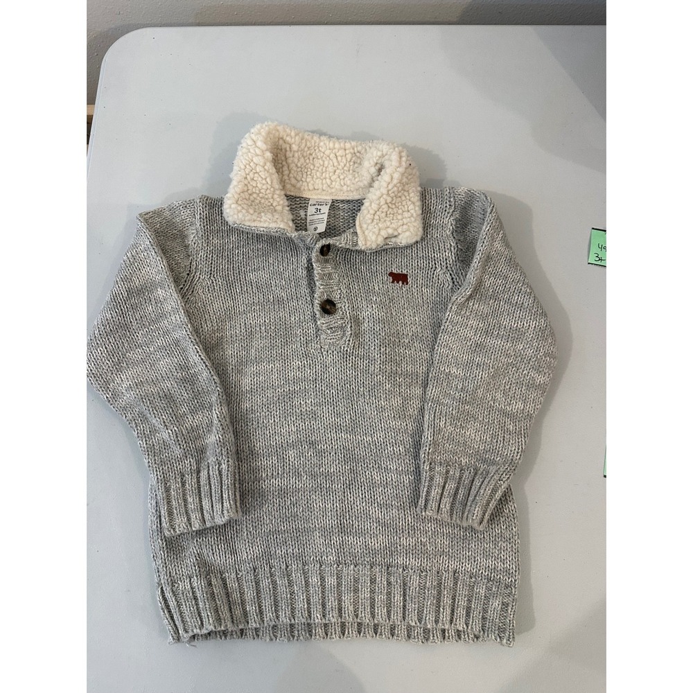 Carters Toddler Boys Gray Knit Sweater Sherpa Collar Bear 3T CXP-400-451 AD-R